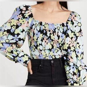 Free People Purple and Yellow Smocked Bishop Sleeve Blouse